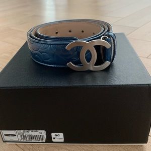 CHANEL Blue Camellia Stamped Belt 90 CM